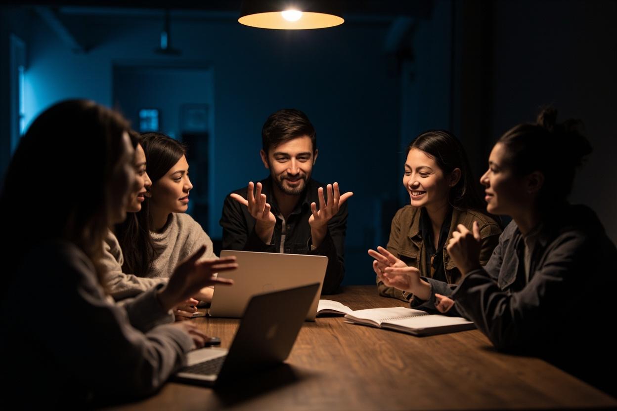 A small diverse team of educators and engineers in relaxed conversation around a dark wooden table, laptops half-open, evening studio with navy-blue ambient light and one warm pendant lamp