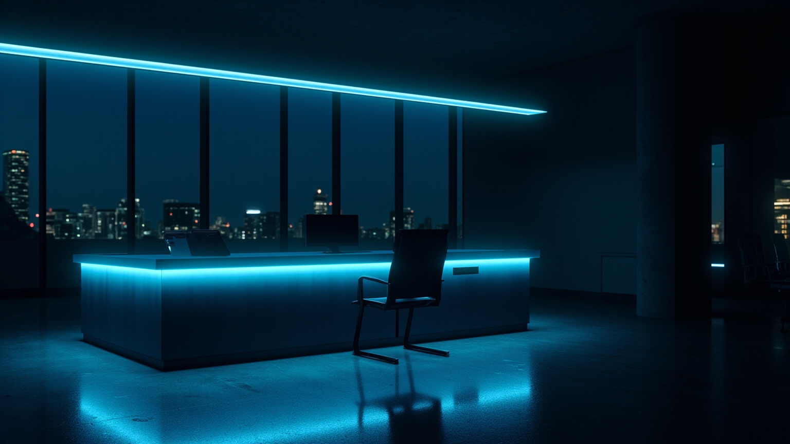 A modern office reception desk at twilight with a backlit counter and glowing blue accent strips, empty waiting chairs, ambient city lights through a wide window behind — the place you'll find us